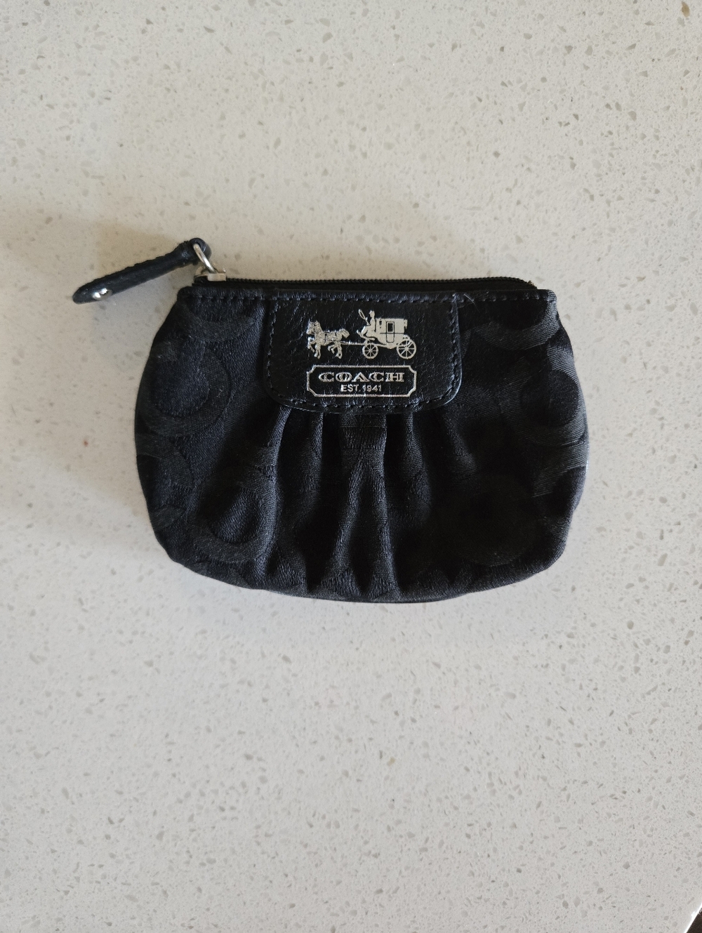 Coach Black Signature Satin Coin Pouch with Silver-Tone Logo
